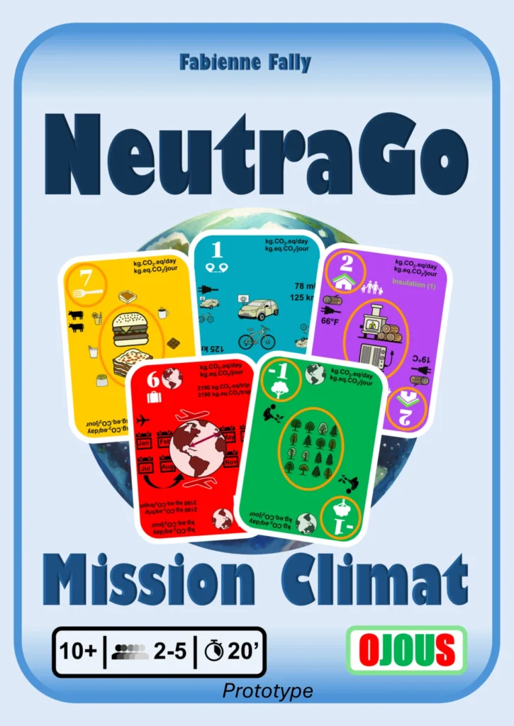 Illustration de la future boite de jeu "NeutraGo", un jeu familial sur le thème du climat et la réduction de l'empreinte carbone. NeutraGo sera édité par "Ojous éditions".